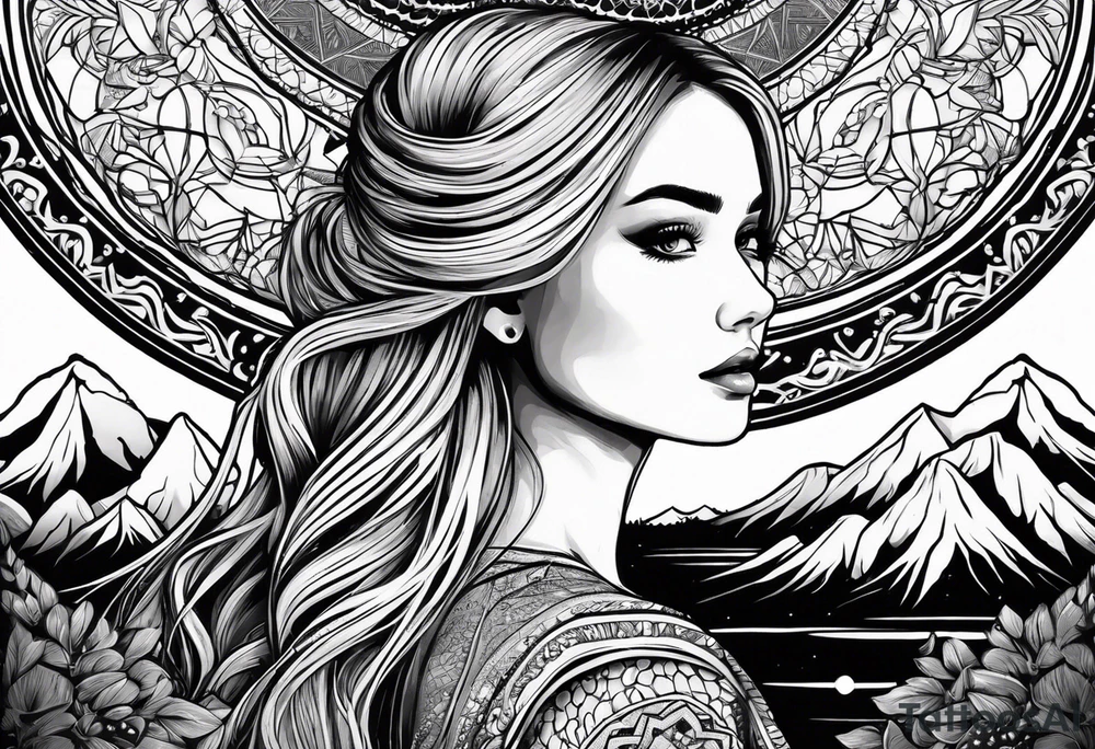 Straight blonde hair girl facing away toward mountains surrounded by mushrooms crescent moon mandala circular design black and white striped dress "8" braided into hair tattoo idea