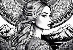 Straight blonde hair girl facing away toward mountains surrounded by mushrooms crescent moon mandala circular design black and white striped dress "8" braided into hair tattoo idea