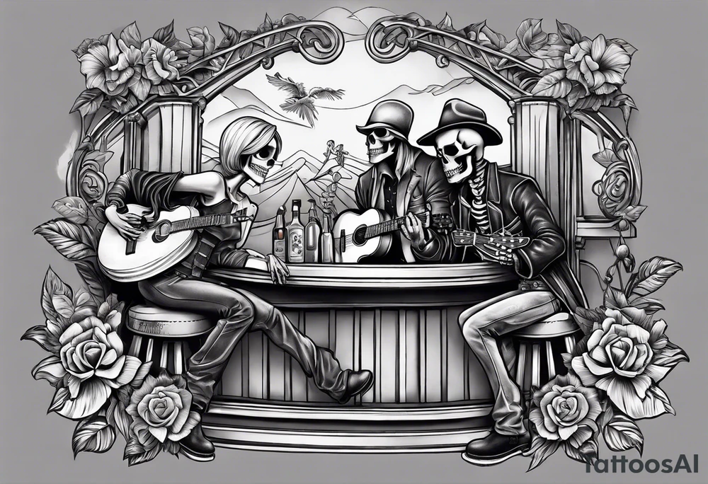 a bar scene with western female and male skeletons. The female skeleton has hibiscus flowers for eyes, and the male skeleton plays the guitar. tattoo idea