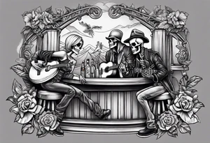 a bar scene with western female and male skeletons. The female skeleton has hibiscus flowers for eyes, and the male skeleton plays the guitar. tattoo idea