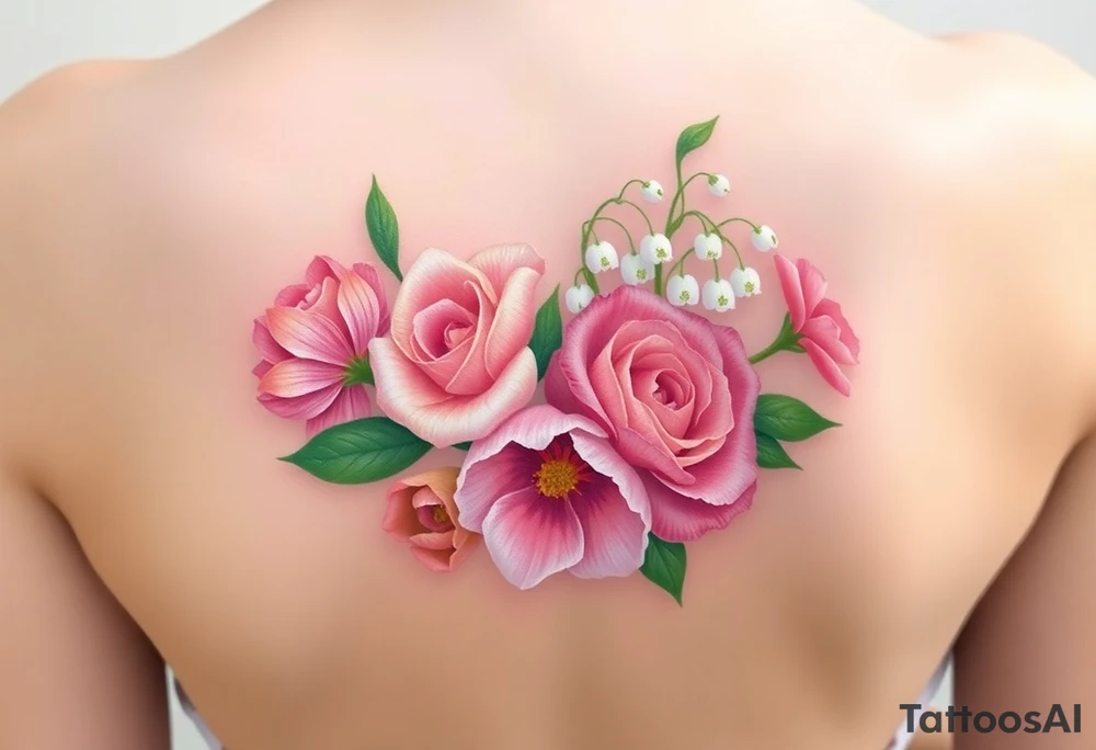 Small 3d Bouquet of Carnation, Astor, Rose, Lily of the valley, Larkspur with realistic, low tone pastel colors with no black tattoo idea