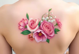 Small 3d Bouquet of Carnation, Astor, Rose, Lily of the valley, Larkspur with realistic, low tone pastel colors with no black tattoo idea