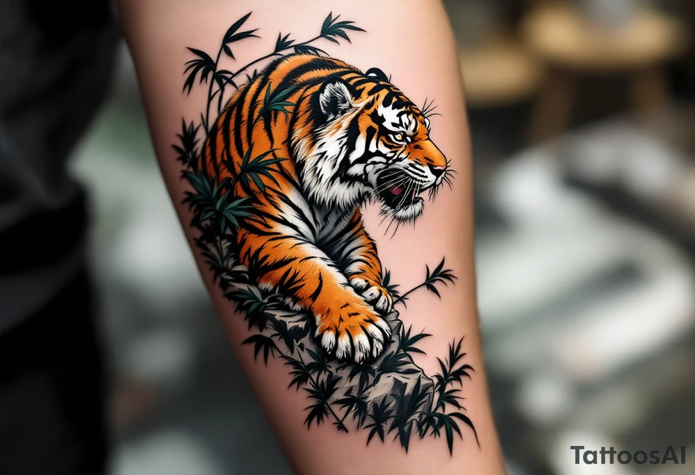 A black ink tiger with orange and white fur climbing down a cliffside with bamboo leaves. tattoo idea