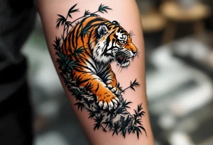 A black ink tiger with orange and white fur climbing down a cliffside with bamboo leaves. tattoo idea