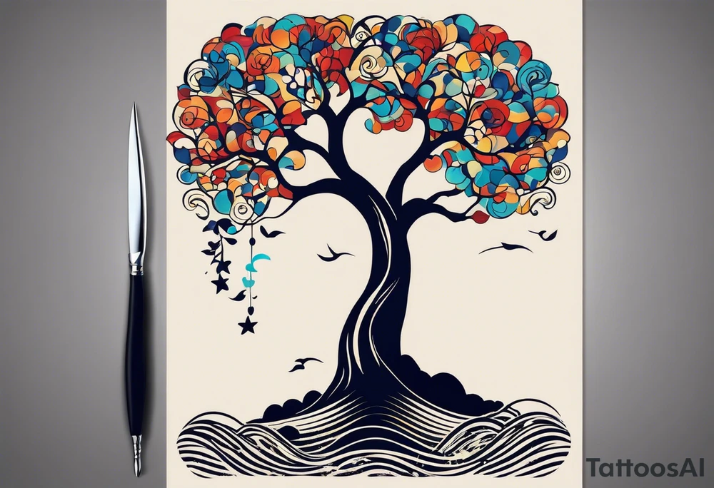 an abstract Tree of Life tattoo. It should have roots growing out of the bottom. The roots slowly turn into water from the Great Wave by Hokusai. A golf flag should be placed discreetly growing out of the ground. 2 license plate tags should be hanging from the tree. Place a few music notes in the areas the leaves should be. The letters A U should be engraved into the tree trunk in a heart. tattoo idea