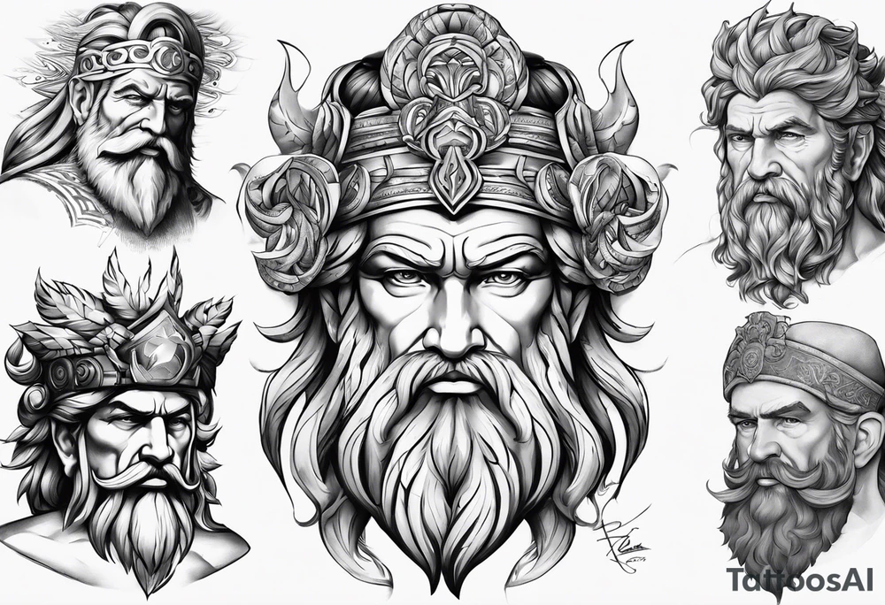 Bóg Zeus pioruny w dłoniach   nogi ręce głowa tors tattoo idea