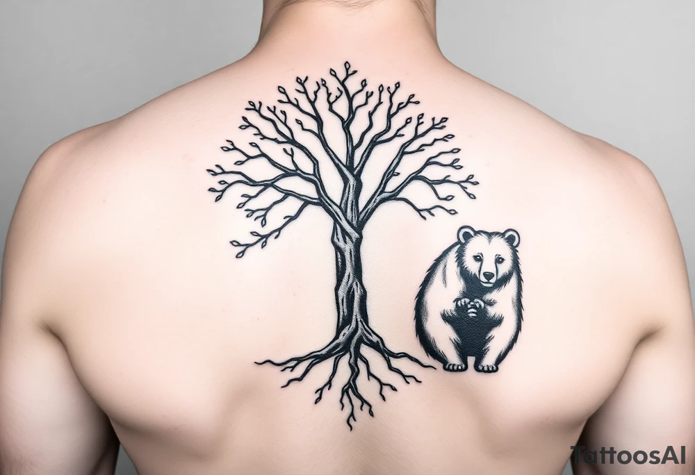 Tree of life with root detail and a mother bear with her cub tattoo idea