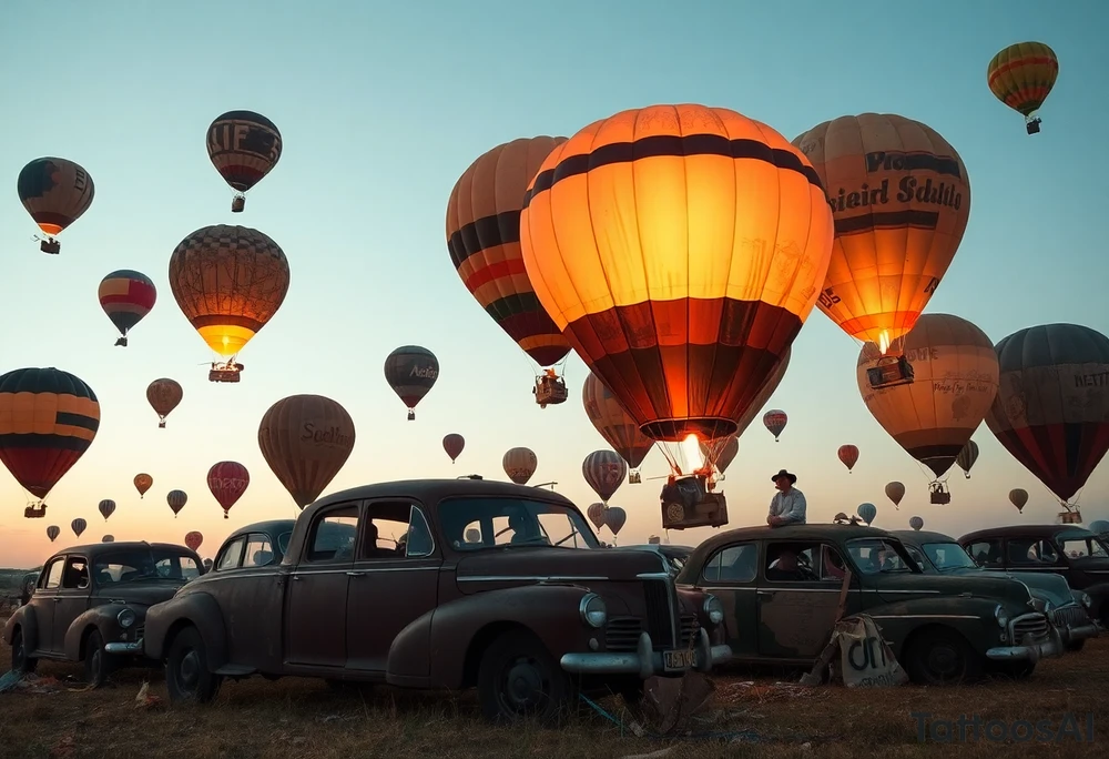 in a very steam punk vibe i want you to make a picture of a bunch of old beat up cars with people lounging in them and garbage and junk all up in and on them, tied to hot air balloons floating in the sky right about dusk and they are as far as the eye can see i want the cars to be floating as if they were the basket to the hot air balloons and the hot air balloons are all different colors and patterns and some are old and patched and i dont want to see the ground at all  i want this to be a scene that is up in the sky with them all floating under the balloons like it is in a dream and every single balloon in the picture is attached to a different old car, and some of the cars you can see people kicked back with thier feet out the window and stuff on the dash of the car, and some with people hanging an arm out hte window some have cigarrette smoke coming out the window, and the balloons all are different but every single car is floating high in the sky and i dont want there to be too many balloons and cars, just a few close together, and the rest ll are smaller and off in the distance 

and it should look like i too am in a car attached to a hot air balloon floating along as well tattoo idea