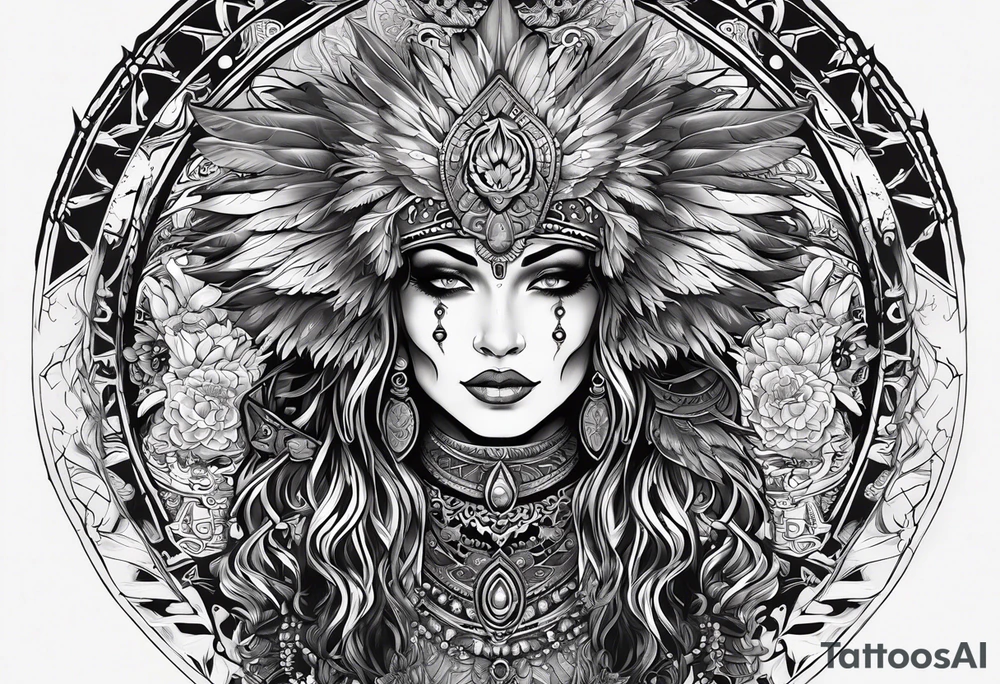 black kali, goddess pirate, alien, pachamama, valkrye, warrior, skull, lotus azul, wing, eagle, zenza resonance, stars, 5D tattoo idea