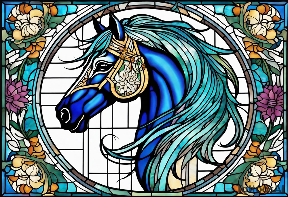 a stained glass window with a horse's head and a thistle in ocean colours. tattoo idea