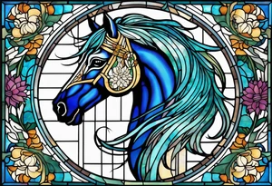 a stained glass window with a horse's head and a thistle in ocean colours. tattoo idea