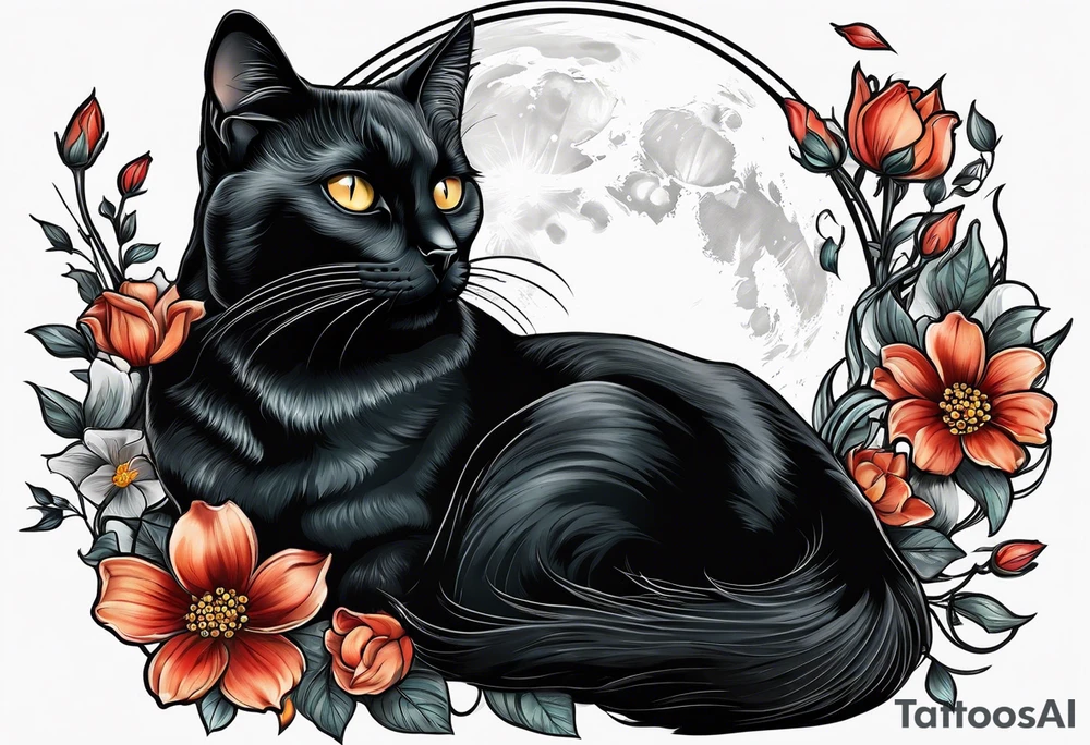 Photo realistic black cat with moon and flowers tattoo idea