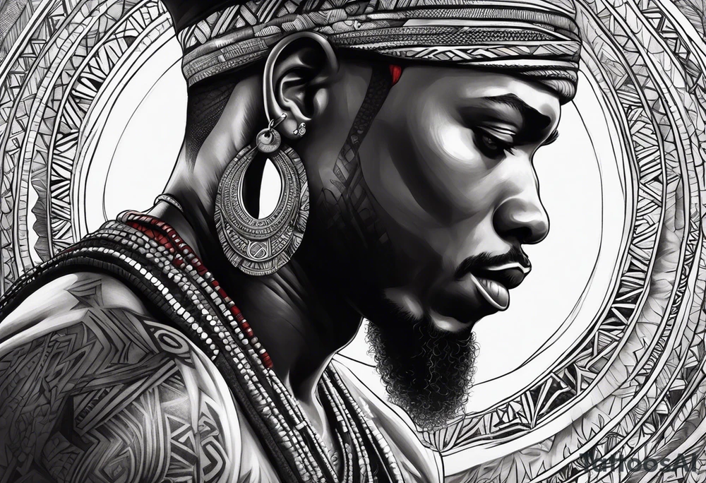 homem divindade africano realista em preto e cinza com os olhos brancos e fundo com tons de vermelho usando na mão um falo com cabaças penduradas tattoo idea