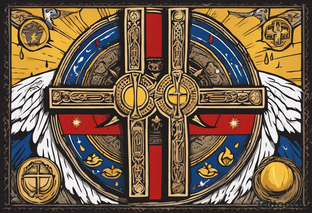 A medieval cross with an assyrian flag in the middle. A crown om top of the cross. The assyrian king Sennacherib. A sun and a moon. A cloud with rain and thunder. charizard. an imperfect cirkle. a candle. a swan. lemons. the god asshur with wings. an ankh. angel wings with a halo. surrounded by olive branches and feathers. all black and white. no shadowing. tattoo idea