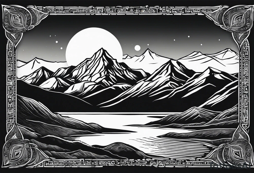 mountains, road, lake, yurt, sun tattoo idea