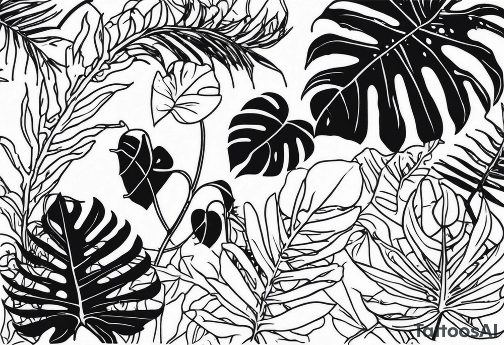 Monstera palm trees vines lizards tattoo idea