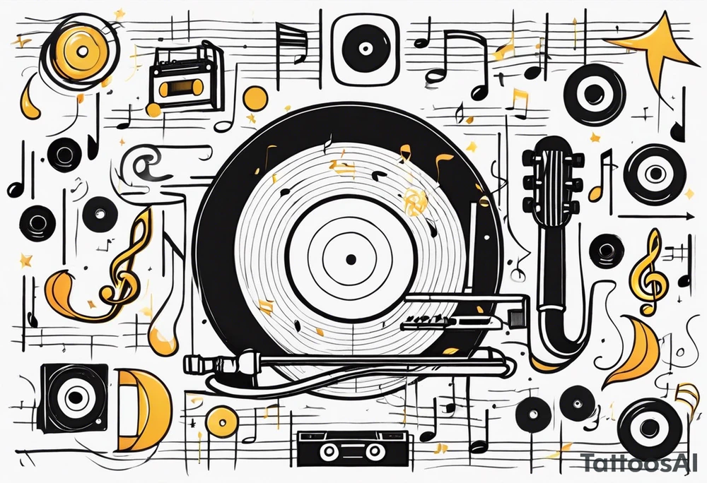 music notes surrounded by a record, a cassette tape, and saxophone parts tattoo idea
