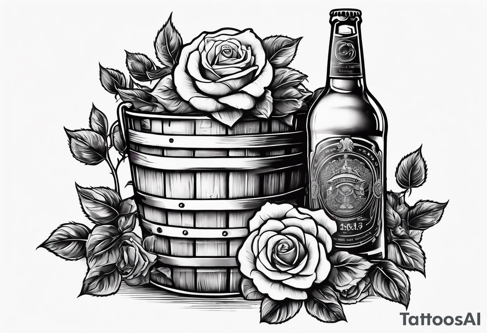 A bottle of beer and a stalk of rose in the bucket tattoo idea
