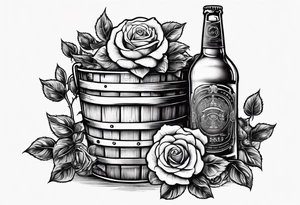 A bottle of beer and a stalk of rose in the bucket tattoo idea