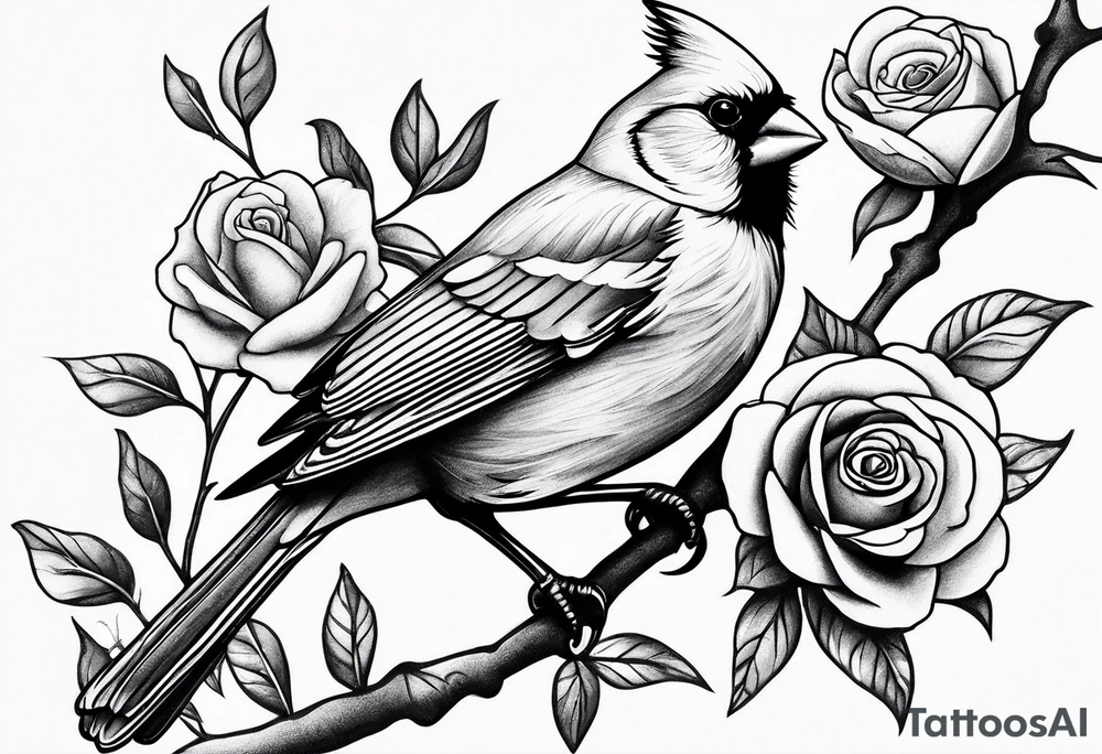 Masculine, cardinal on branch, roses, realistic, upper arm, black and white tattoo idea