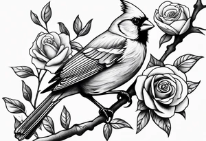 Masculine, cardinal on branch, roses, realistic, upper arm, black and white tattoo idea