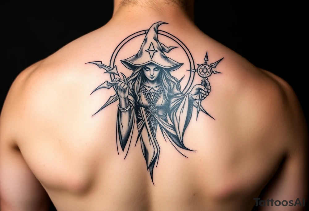 powerful wicca witch surrounded  with magic tattoo idea