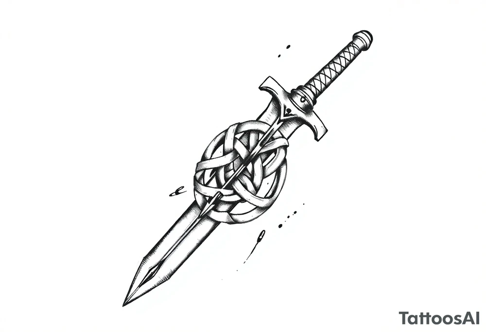 Armband tattoo of a sword with covered in a Celtic knot tattoo idea