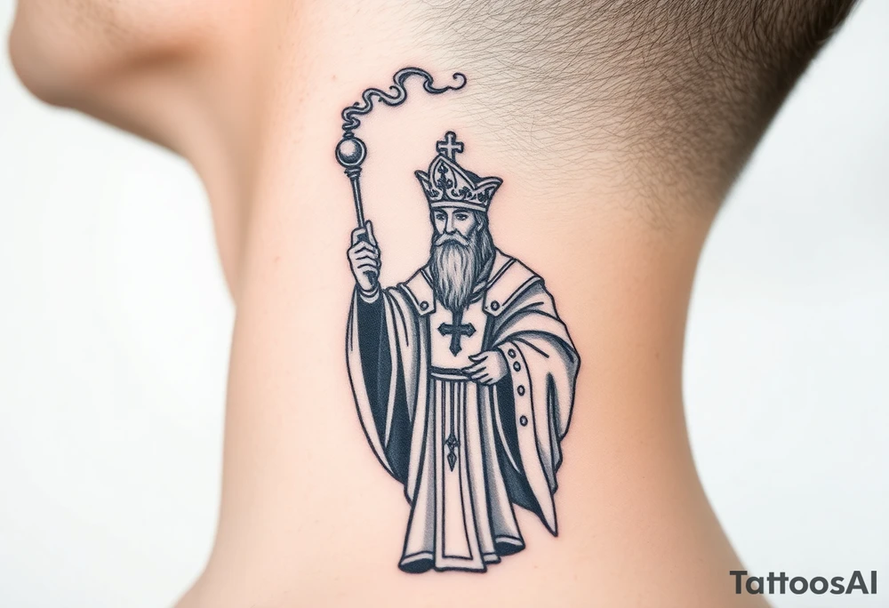 A Russian Orthodox Priest in full gold vestments swinging a censer with smoke curling upward tattoo idea