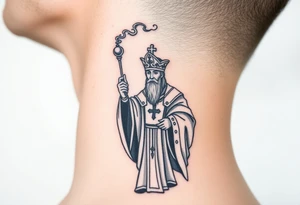 A Russian Orthodox Priest in full gold vestments swinging a censer with smoke curling upward tattoo idea