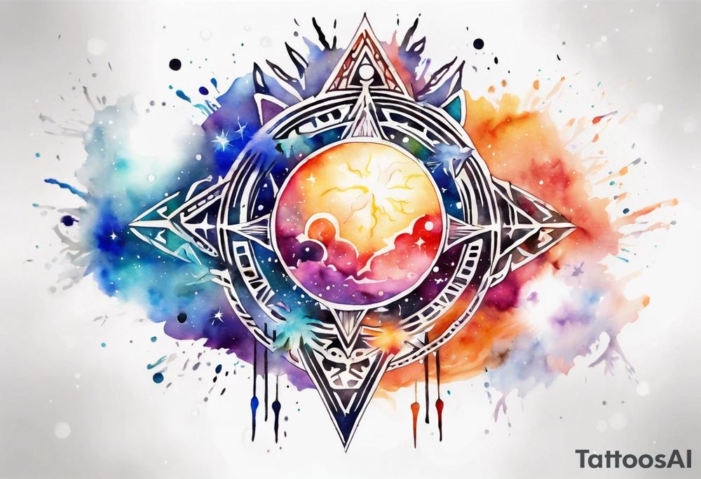 Chest, Tribal watercolor style tattoo design that depicts a radiant sun on left and moon on right, with tribal patterns, geometric swirls, watercolor style tattoo design, mesmerizing blend of vibrant watercolor splashes and cosmic elements like stars, and galaxies, dreamy and otherworldly effect, solar system,astronomy tattoo idea