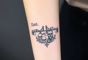 “East Palo Alto” city sign and “Newark” city sign on opposite sides of a bridge going across water in California with skulls and money and  scarface tattoo idea