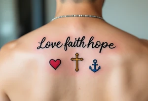 Fine-line black cursive love faith hope sitting above three matching symbols: a crimson heart, golden cross, and deep blue anchor. tattoo idea