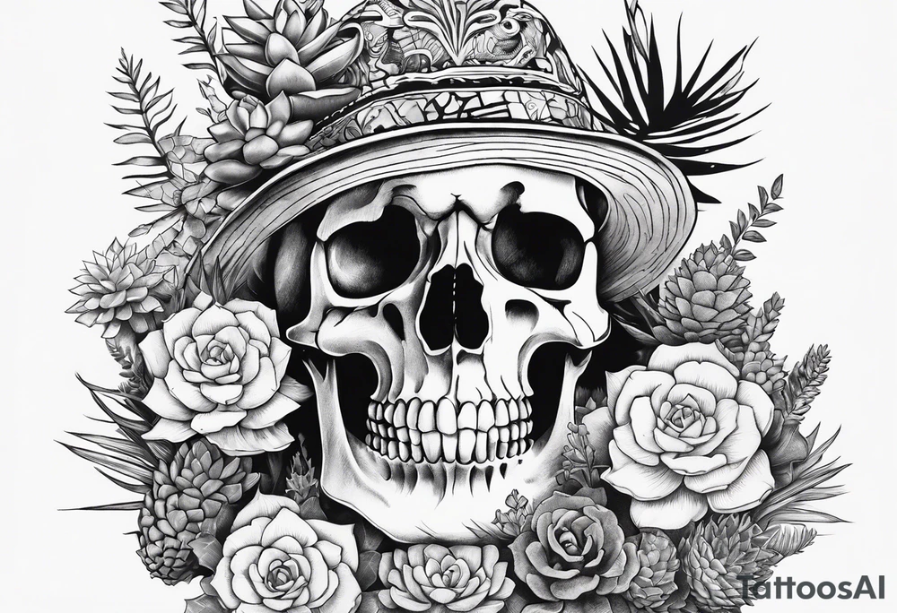 A skeleton as a statue, surrounded by succulents tattoo idea