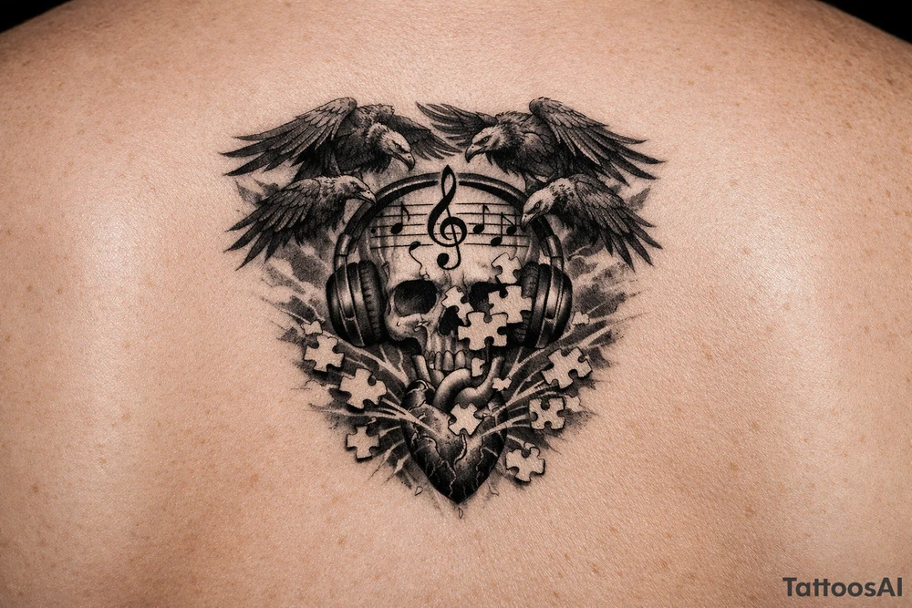 Dark thoughts move like voltures, music helps put my puzzle of life back together before the pressure in my bloodstream explodes tattoo idea