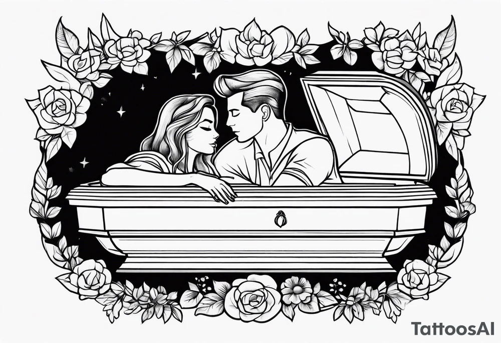 a male and female shadow only hugging in a casket tattoo idea