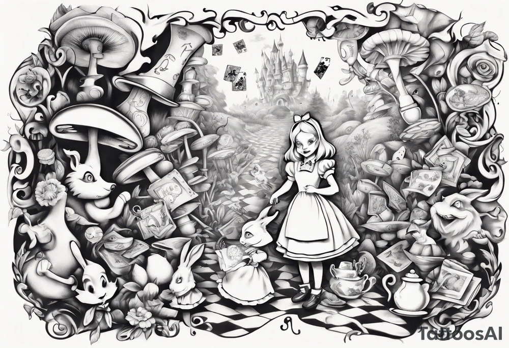 Alice in wonderland mural, "Alice, Don't Get Lost In Wonderland" tattoo idea
