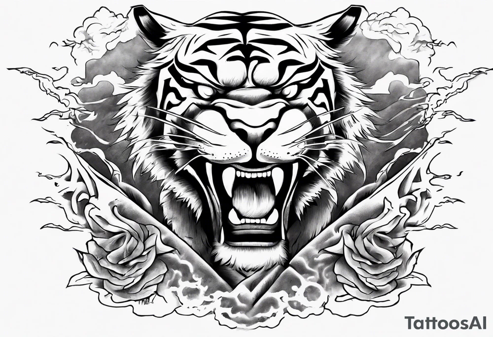 tiger warrior with lightning and the sun for a forearm sleeve tattoo idea