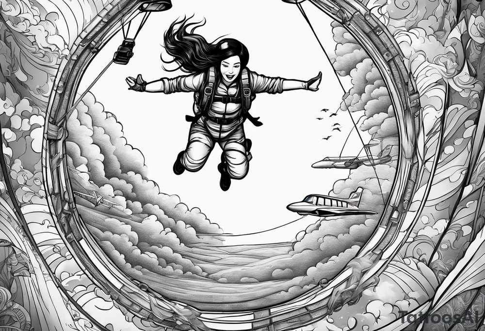 Black haired Woman skydiver jumping from plane with parachute tattoo idea