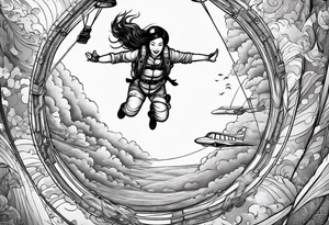 Black haired Woman skydiver jumping from plane with parachute tattoo idea