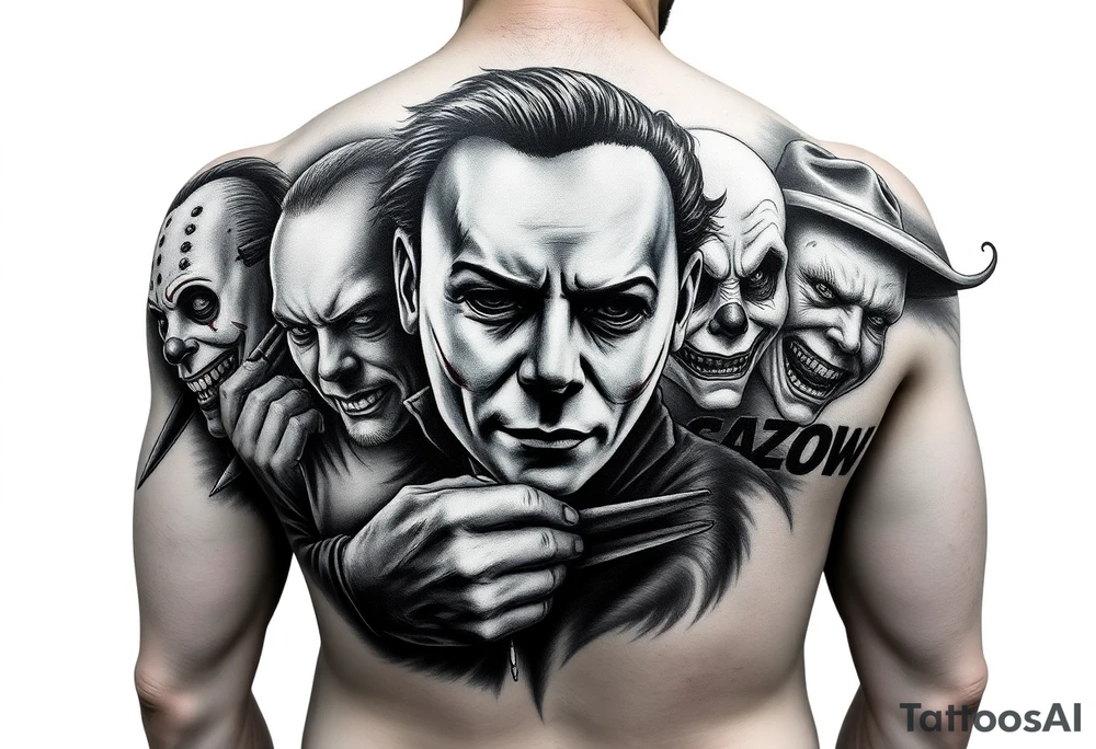 Left arm sleeve. Michael Myers is the largest and main focal point. It should have the other horror characters like Jason, Freddy, the clown from saw, sam, the leprechaun,  chuckie, pin head, art the clown, leather face penny wise. tattoo idea