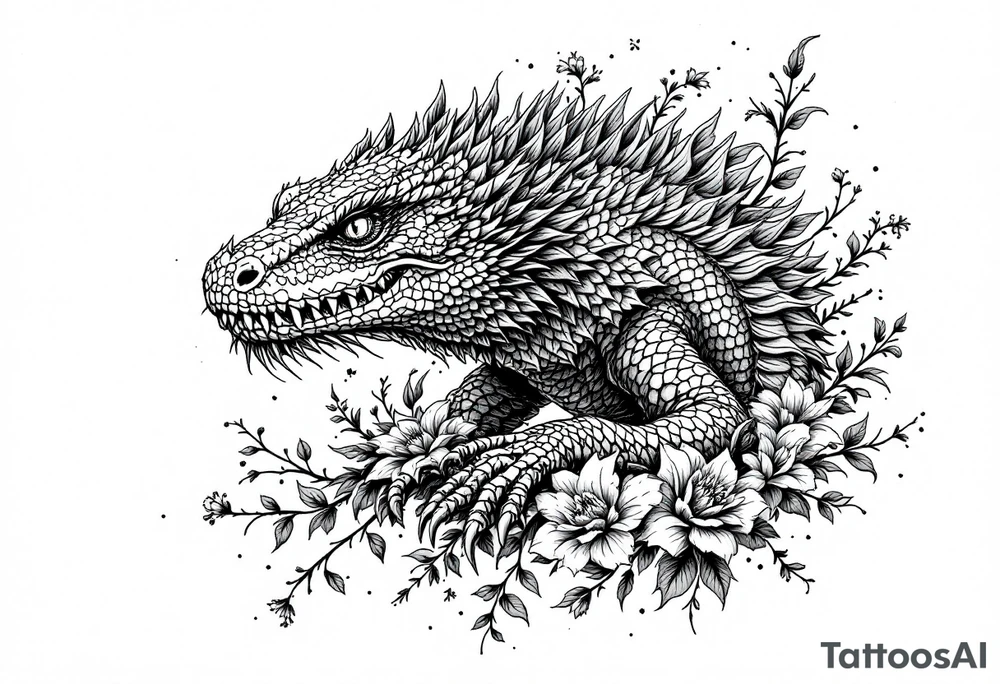 powerful majestic reptile, surrounded by floral ornaments tattoo idea