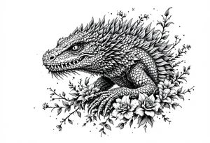 powerful majestic reptile, surrounded by floral ornaments tattoo idea
