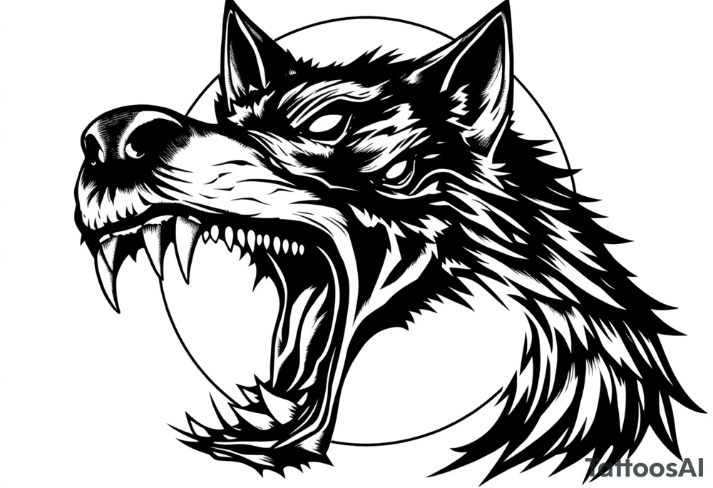 Detailed werewolf muzzle, bared teeth, glowing eyes, crescent moon silhouette behind. tattoo idea