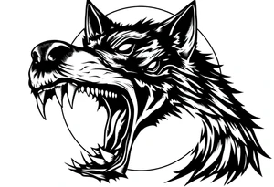 Detailed werewolf muzzle, bared teeth, glowing eyes, crescent moon silhouette behind. tattoo idea