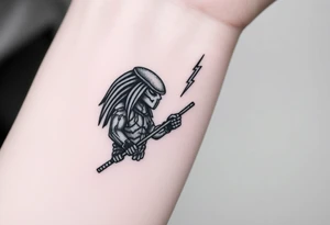 Predator with staff pointing towards sky with lighting bolt tattoo idea