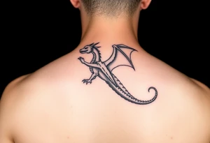 Dragon flying with outstretched wings, facing the viewer, with a long and slender body, the head slightly higher than the wings, and the tailed stretched out to one side tattoo idea