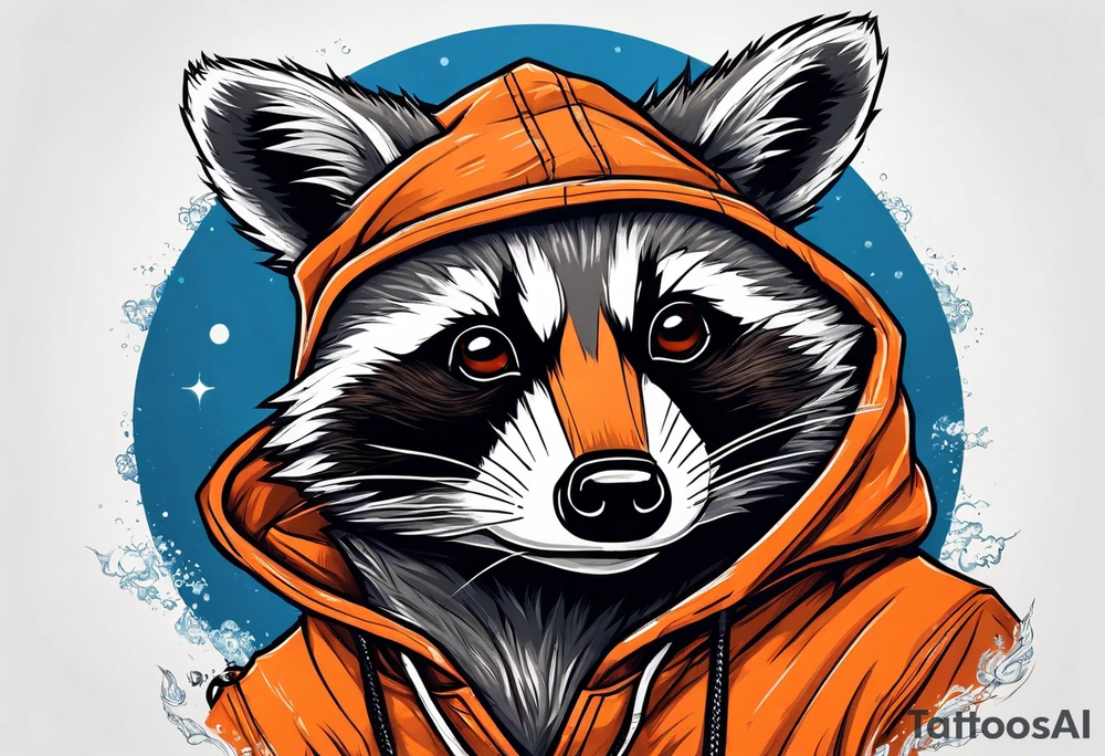Raccoon wearing an orange Superman hoodie tattoo idea