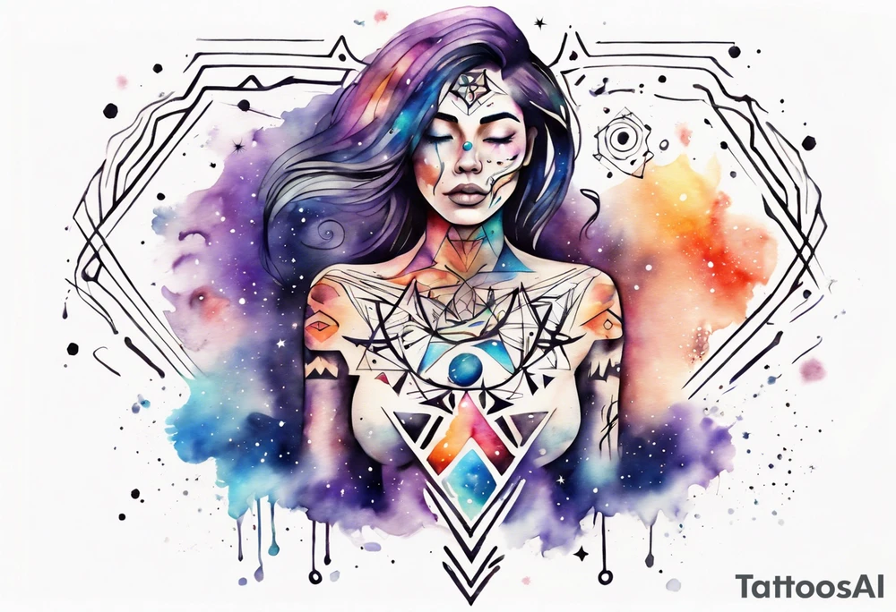 Across woman's chest Chest, Tribaltattoo design that depicts with tribal patterns, geometric swirls, watercolor style tattoo design, mesmerizing blend of vibrant watercolor splashes and cosmic elements like stars, and galaxies, dreamy and otherworldly effect, solar system,astronomy tattoo idea