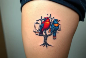one of the birds red wearing a suit, other bird navy blue with glasses or holding a book, scales of justice built into a tree, starry night painting and mountain background tattoo idea