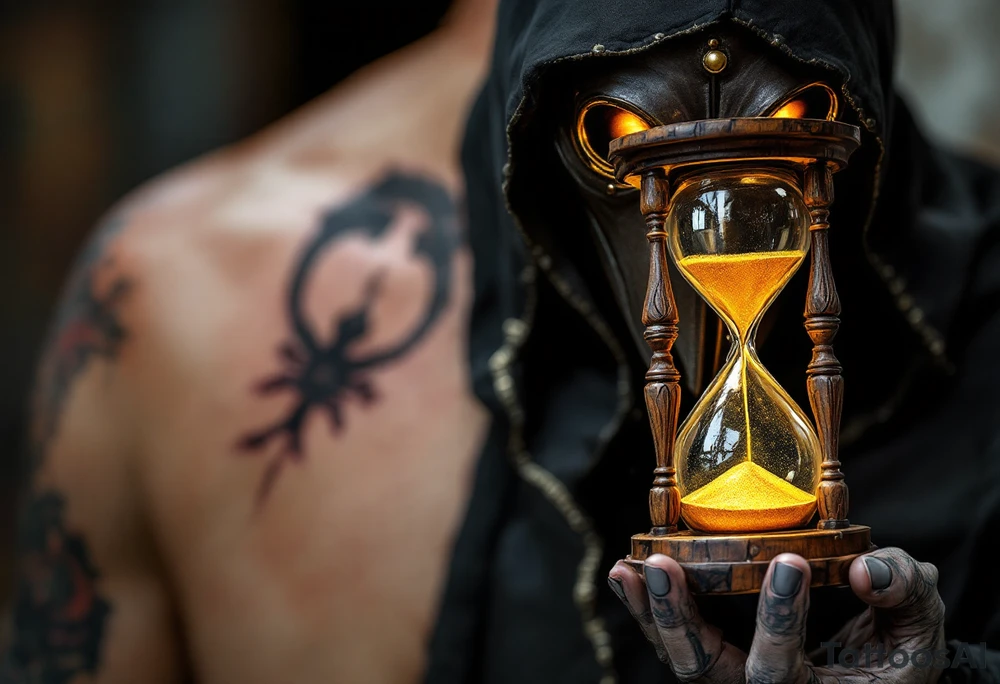 Plague Doctor with Hourglass – A mysterious plague doctor with tipical mask holding an old wooden hourglass with golden sand flowing inside. The mask is deep brown with brass accents, and the robe is black with silver lining. tattoo idea